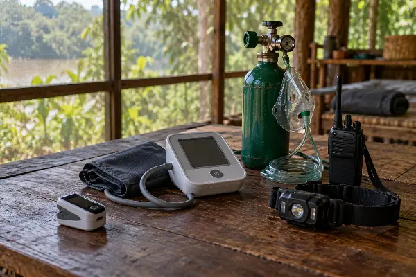 Pulse oximeter, blood pressure monitor, oxygen and radio kept ready for ayahuasca ceremony nights