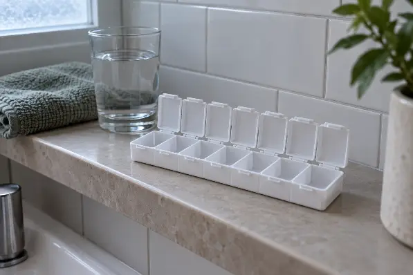 Empty weekly pill organiser during the 6-week antidepressant taper before ceremony