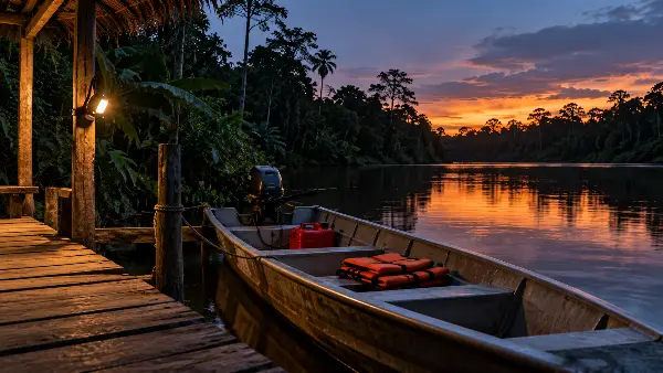 Fast launch boat tied at a river dock at dusk, ready for a hospital run from an ayahuasca retreat