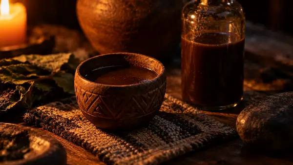 Small cup of ayahuasca on the altar, where a second cup is offered around 10 PM