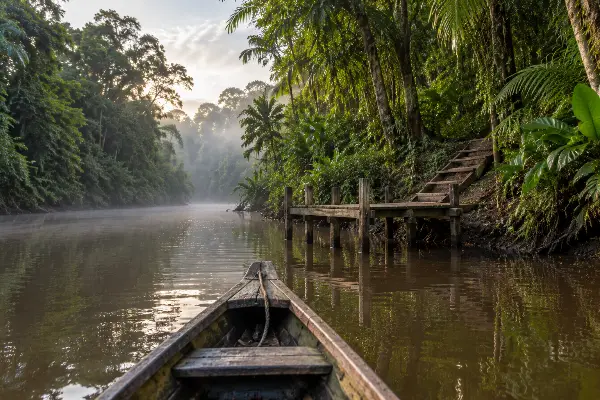 River approach to an ayahuasca retreat dock near Iquitos, Peru