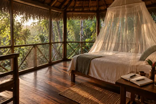 Guest tambo at an Iquitos ayahuasca retreat, empty in afternoon light