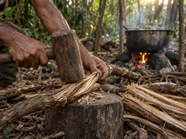 Splitting ayahuasca vine by hand before an 18-hour brew cook near Iquitos