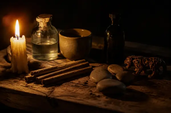 Ceremony altar with mapacho and the cup where first night doses of 40 to 60 ml are poured