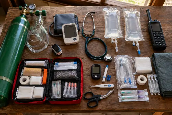 On-site medical kit with pulse oximeter, oxygen and blood pressure monitor