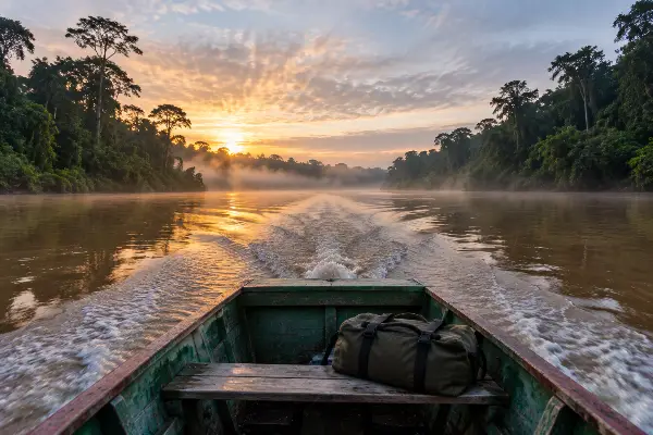 Leaving an Iquitos ayahuasca retreat by river after a grief retreat
