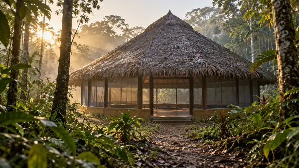 The maloca at dawn after an ayahuasca ceremony closes on the Río Momón