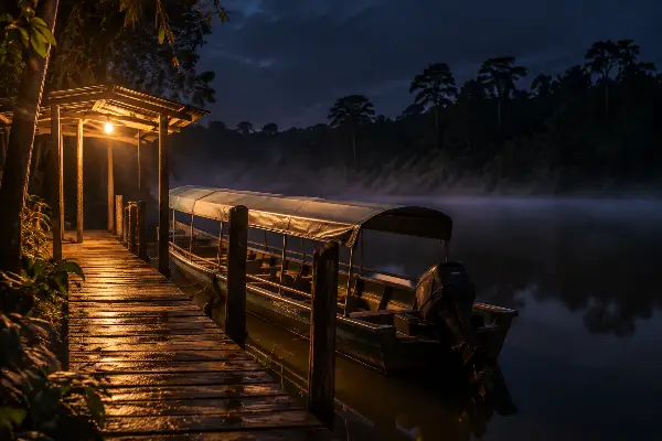 Evacuation launch on standby at the dock during ayahuasca ceremony nights