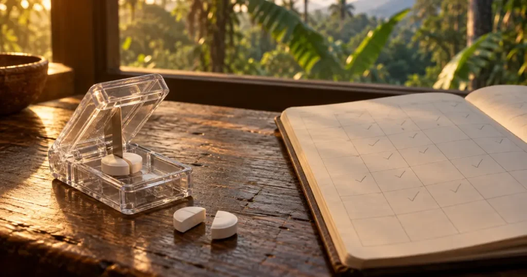 Pill splitter halving a tablet beside a planner, the slow taper that comes before ayahuasca and benzodiazepines