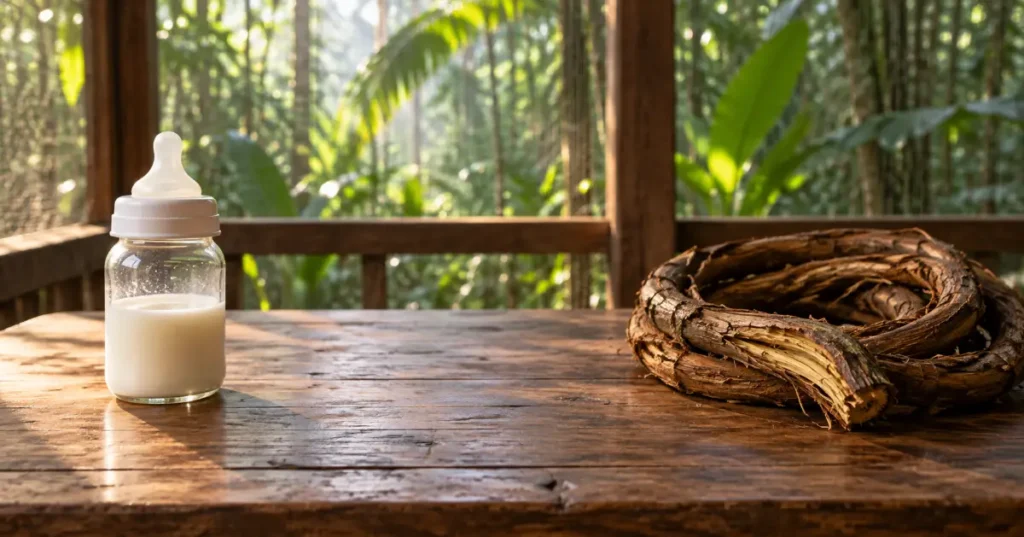 Glass bottle of breast milk set apart from a coil of ayahuasca vine, for a guide to ayahuasca and breastfeeding