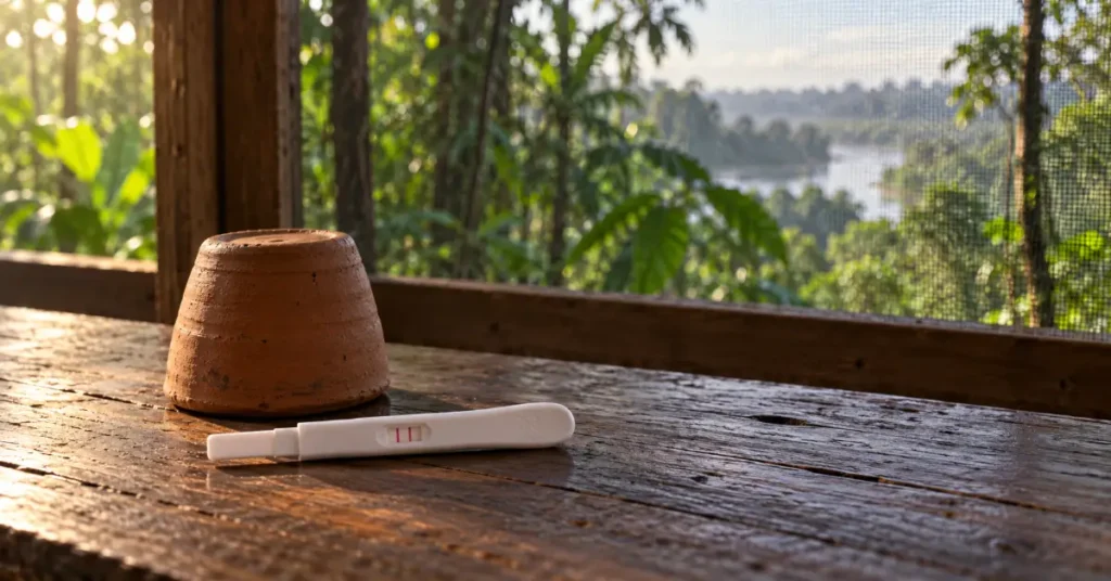 Positive pregnancy test beside an upturned clay cup, our answer on ayahuasca and pregnancy