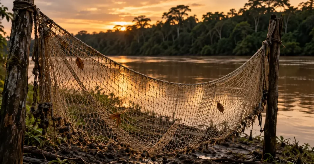 Fishing net drying by an Amazon river, how our lead healer pictures 2 icaros crossed in ayahuasca ceremony music