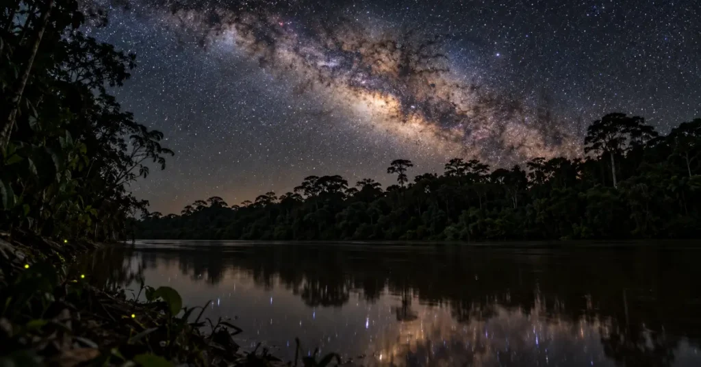 Milky Way over the rainforest canopy and a dark river on a clear night in the Peruvian Amazon