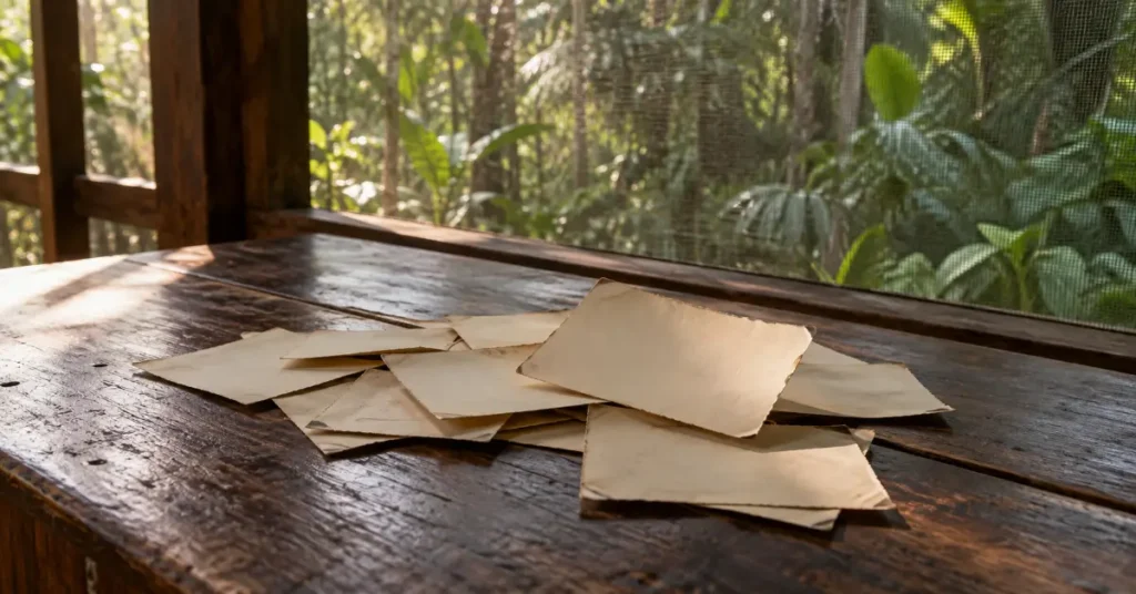 Old photographs face-down on a table at an Amazon retreat, for the question of whether ayahuasca improves memory