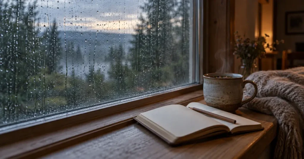 Rainy window at dawn with tea and an open journal, a quiet morning while feeling overwhelmed after ayahuasca