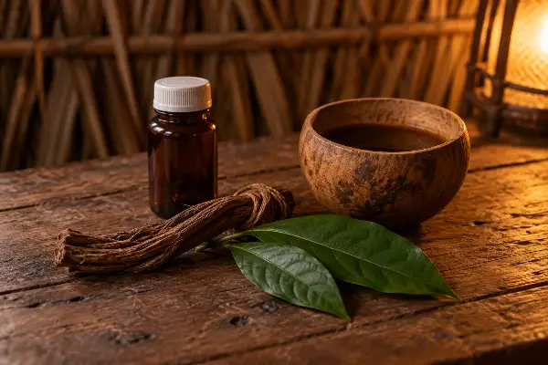 Amber pill bottle beside a cup of ayahuasca brew, the question of mixing ayahuasca and benzodiazepines