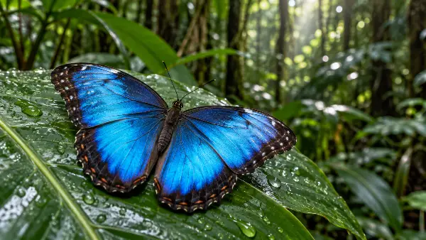 Blue morpho butterfly resting on a rain-wet leaf in the Amazon rainforest