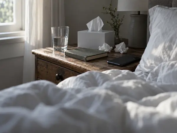 Bedside table with tissues, water and a notebook, a sign of emotional overwhelm after ayahuasca