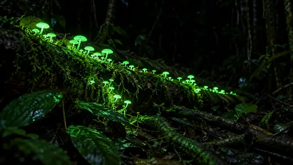 Glowing fungi on a log in the pitch-dark Amazon forest, a picture of an ayahuasca dark night of the soul