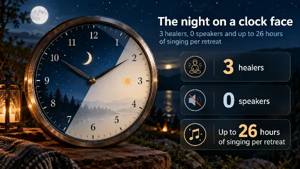 Infographic: an ayahuasca ceremony night on a clock face, from protection songs at 8 PM to closing songs at 3 AM