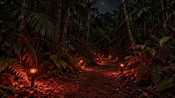 Red solar lights along a jungle path at night, lighting the way back after an ayahuasca ceremony