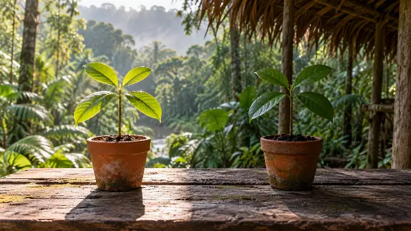 2 equally healthy seedlings, 1 in sun and 1 in shade: harder ayahuasca nights went with only slightly more growth
