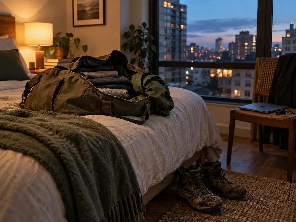 Half-unpacked travel bag in a city apartment, the re-entry stretch after an ayahuasca retreat