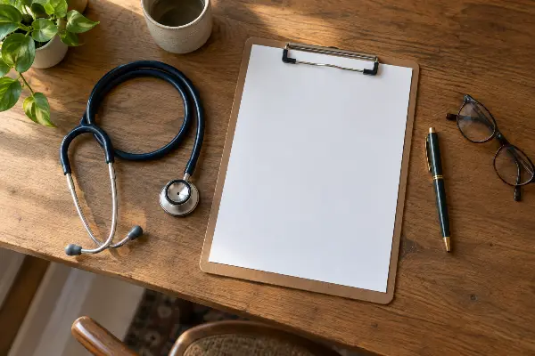 Stethoscope and a blank clipboard on a desk, the medical history that raises risk after ayahuasca