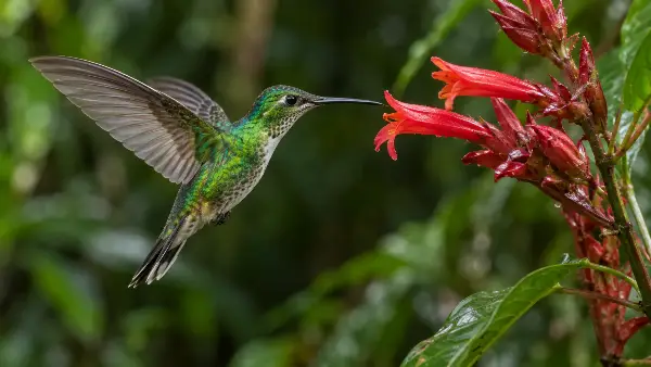 Hummingbird hovering by a flower without touching it, like a healer's work under ayahuasca ceremony consent