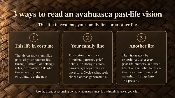Infographic: 3 ways to read an ayahuasca past-life vision: this life in costume, your family line, or another life