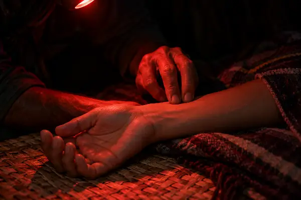 Pulse check by red light on a ceremony mat, where benzo withdrawal and ayahuasca effects look alike