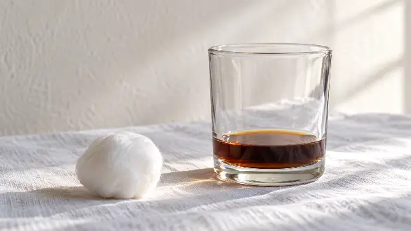 Cotton ball beside a small glass with dark dregs, how some Santo Daime families give babies ayahuasca