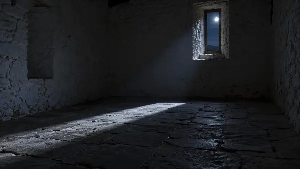 Moonlight through a high window in a bare stone room in Spain, where the phrase dark night of the soul began