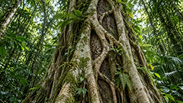 Strangler fig roots wrapped around an older tree trunk in the Amazon rainforest