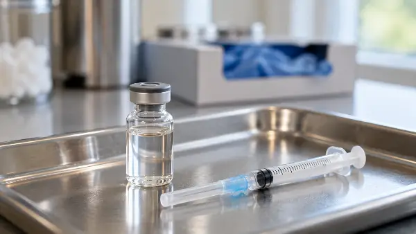 Yellow fever vaccine vial and capped syringe on a steel tray, a shot to plan after breastfeeding ends
