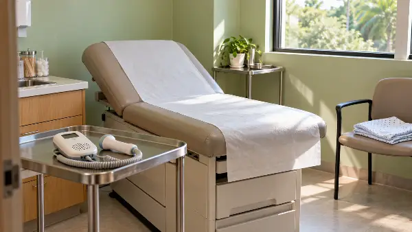Empty prenatal exam room with a doppler, the first stop if you drank ayahuasca before knowing