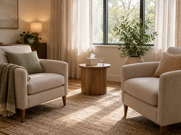 Calm therapy room with 2 armchairs, support to book ahead if you have depression before ayahuasca