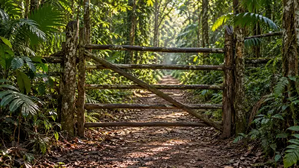 Closed wooden gate across a narrow rainforest path