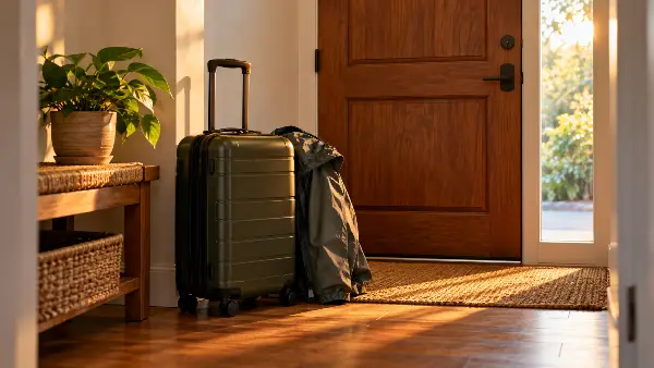 Packed suitcase by the front door at dawn, planning a retreat around trying to conceive and the waits